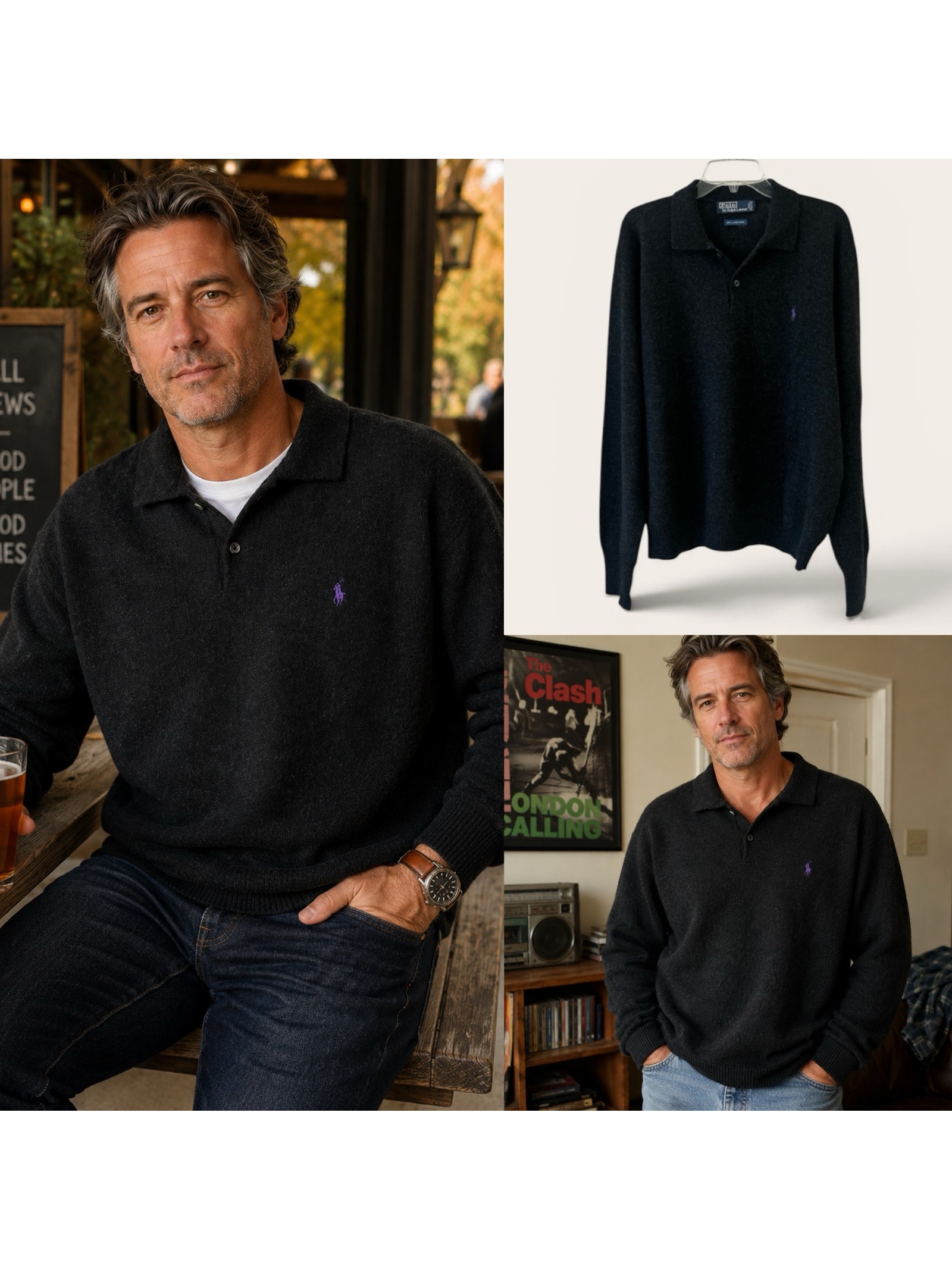 Polo Ralph Lauren 100% Lambswool Sweater Polo Dark Gray Size Xl Quiet Luxury